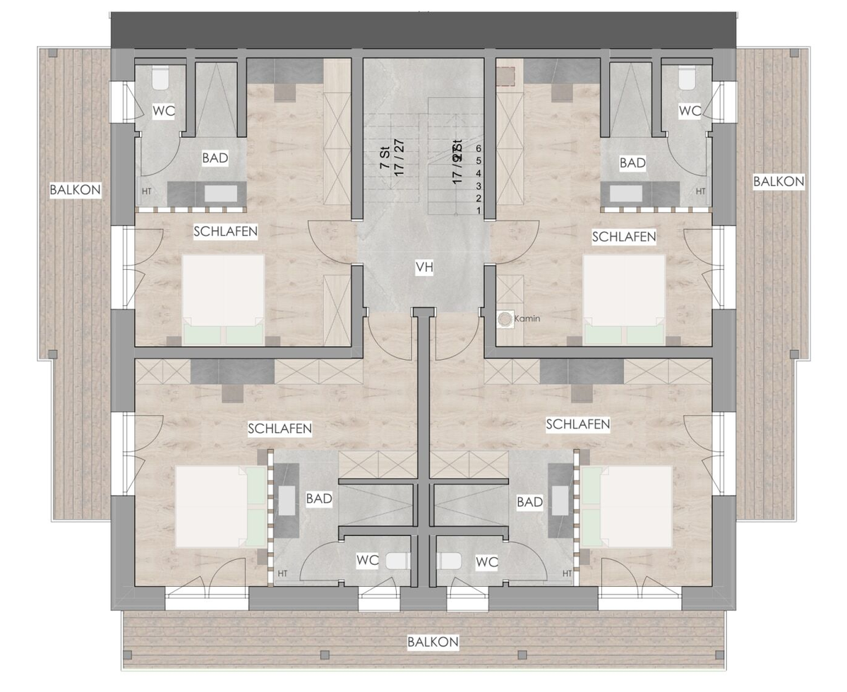 Grundriss eines Stockwerks des Bed and Breakfast mit vier Schlafzimmern, Bädern, Balkonen und einem Kamin.