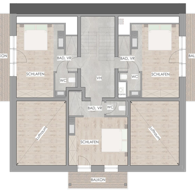 Grundriss des Bed and Breakfast, der drei Schlafzimmer zeigt, jedes mit eigenem Bad, WC und Balkon, sowie ein zentrales Treppenhaus.