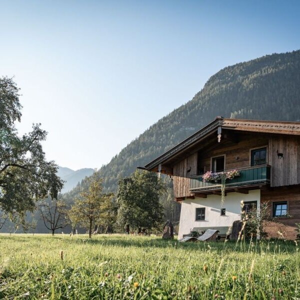Außenansicht des Bed and Breakfast mit traditioneller Holzfassade, umgeben von einer Wiese und Bergen.