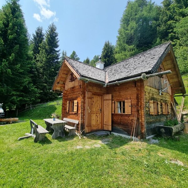 Die Almhütte von außen, umgeben von Wald und Wiesen, mit einem Essbereich im Freien.
