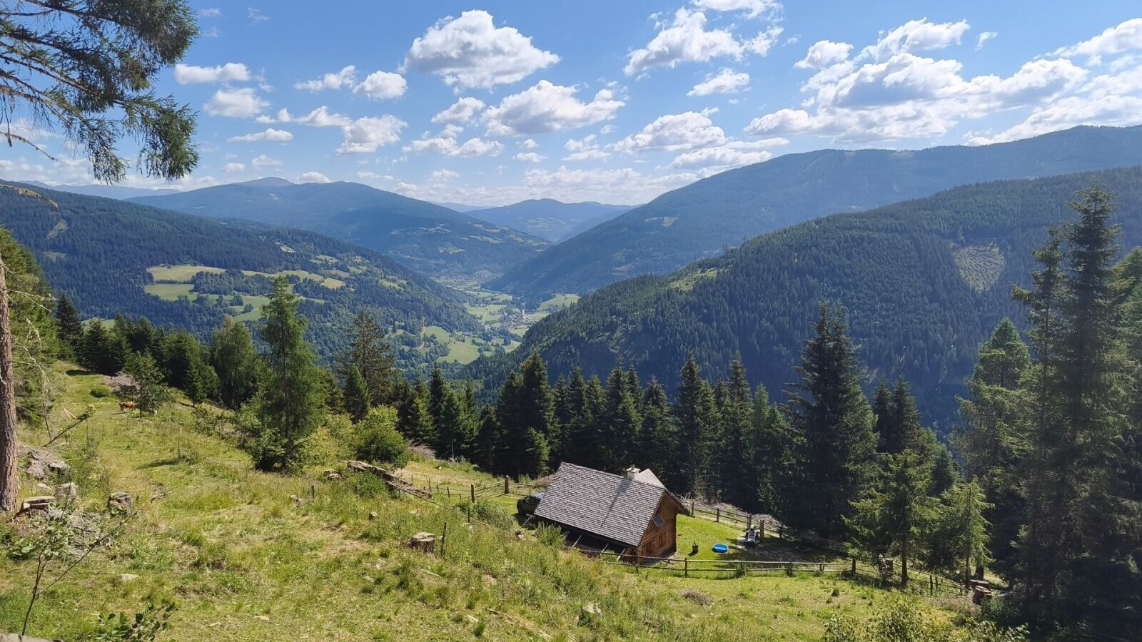 Die urige Almhütte inmitten grüner Berghänge mit einem weiten Blick über das malerische Tal.