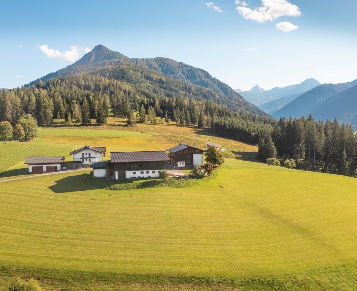 Der Bauernhof mit seinen Gebäuden, umgeben von grünen Wiesen und bewaldeten Bergen.