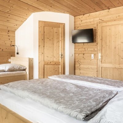 Schlafzimmer in der Alm mit einem Doppelbett, einem Einzelbett, Holzwänden und einem Fernseher.