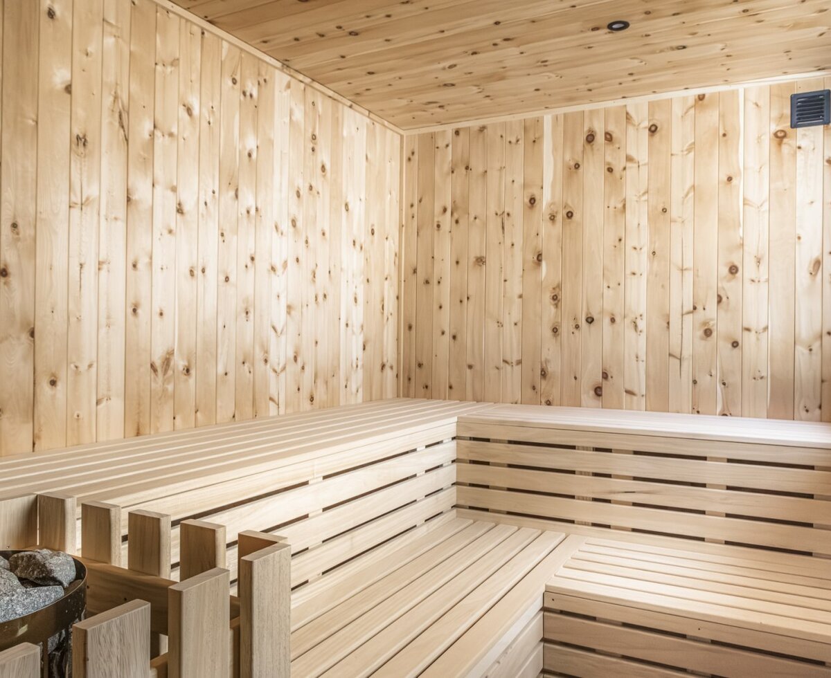 Die Sauna der Alm mit Holzverkleidung, mehrstufigen Bänken und einem Saunaofen mit Steinen.