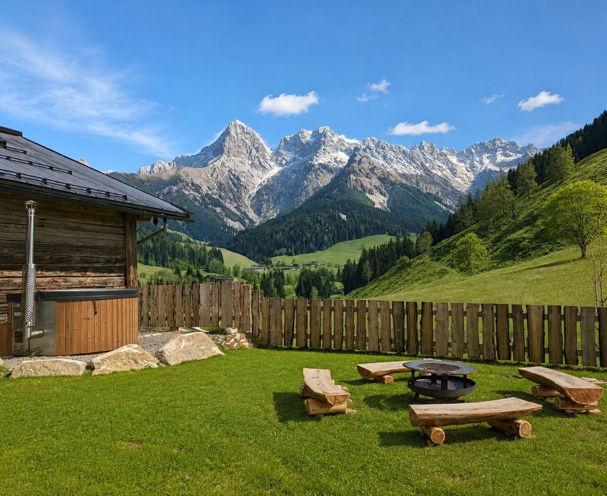 Der Außenbereich der Alm verfügt über einen Hot Tub, eine Feuerstelle mit Holzbänken und bietet einen weiten Blick auf die Berge.
