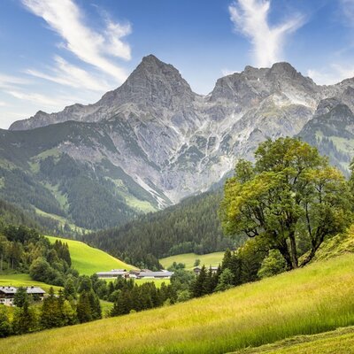 Die Almhütte umgibt eine malerische Berglandschaft mit weiten, grünen Almwiesen und dem majestätischen Hochkönigmassiv im Hintergrund.