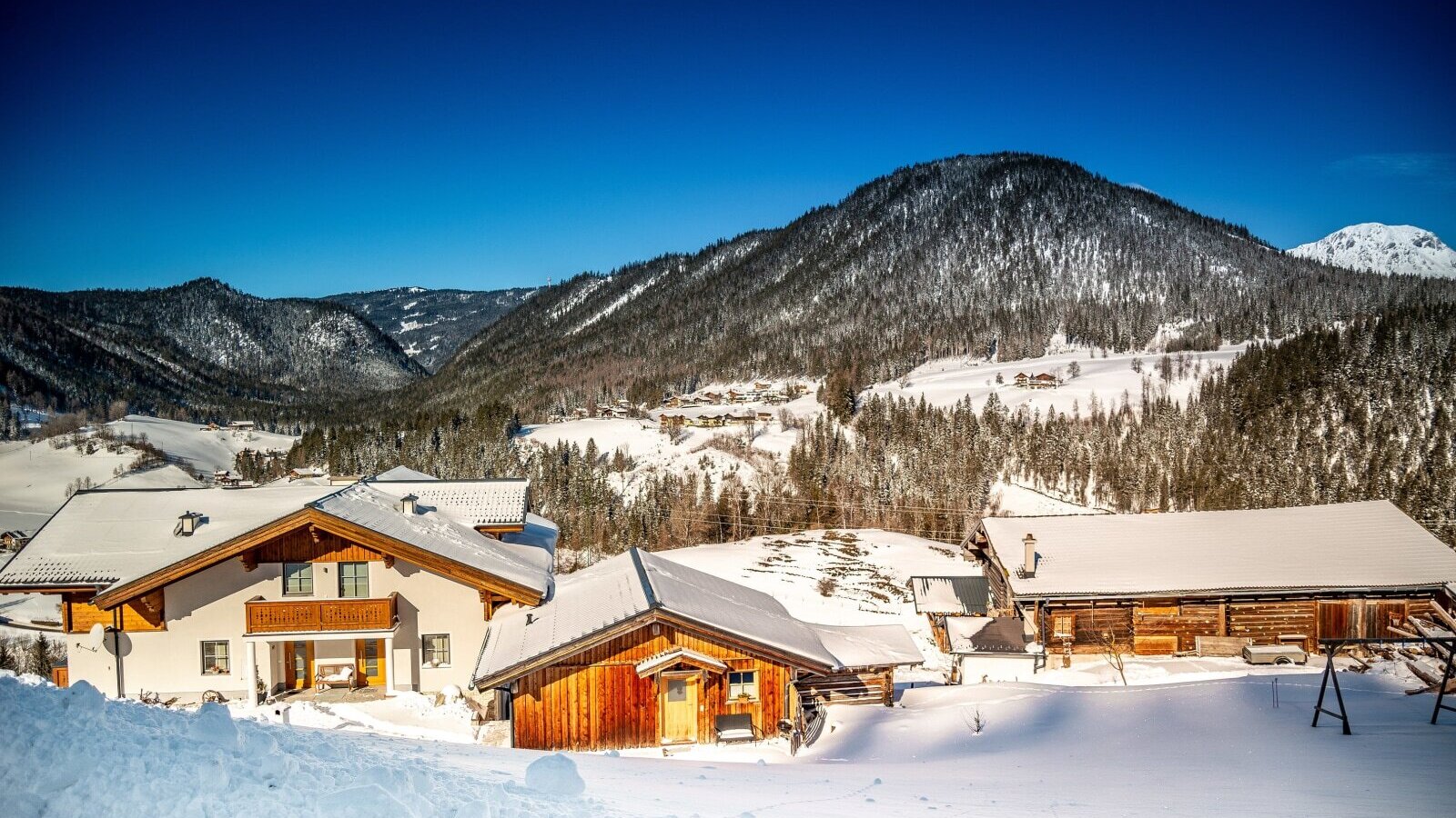 Der Bauernhof in einer verschneiten Berglandschaft mit Blick auf die umliegenden Berge und Wälder.