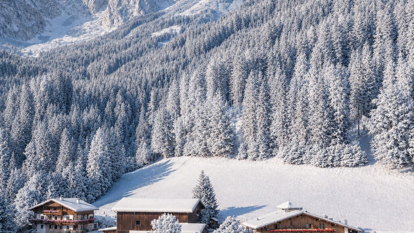 Der Bauernhof in einer verschneiten Berglandschaft mit Wald, mehreren Gebäuden und Solarpaneelen.