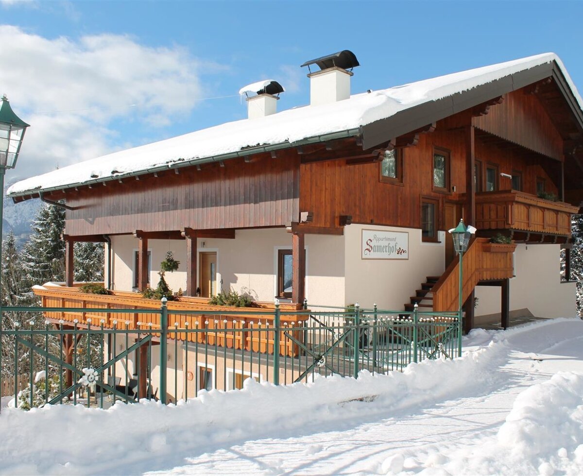 Das Äußere des Bauernhofs mit Holzbalkonen, einer Holzfassade im oberen Bereich und schneebedecktem Dach in winterlicher Landschaft.