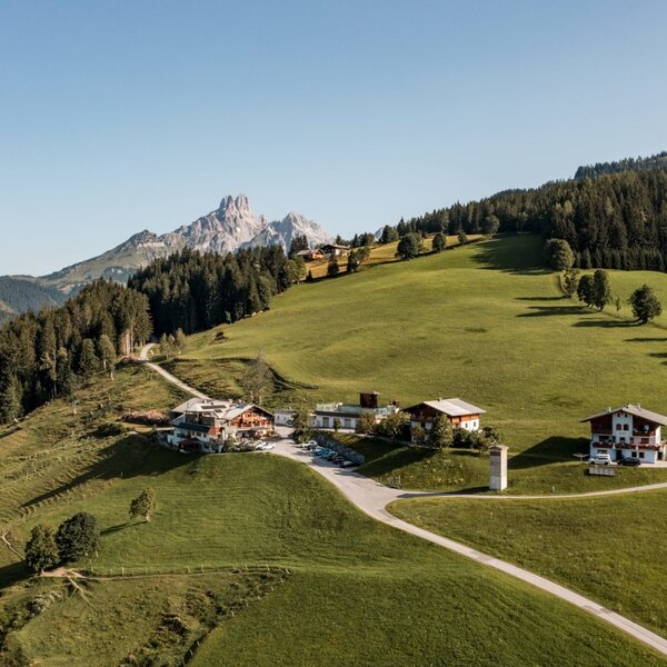 Der Bauernhof ist in die grüne Naturlandschaft von Filzmoos eingebettet und bietet einen weiten Bergblick.