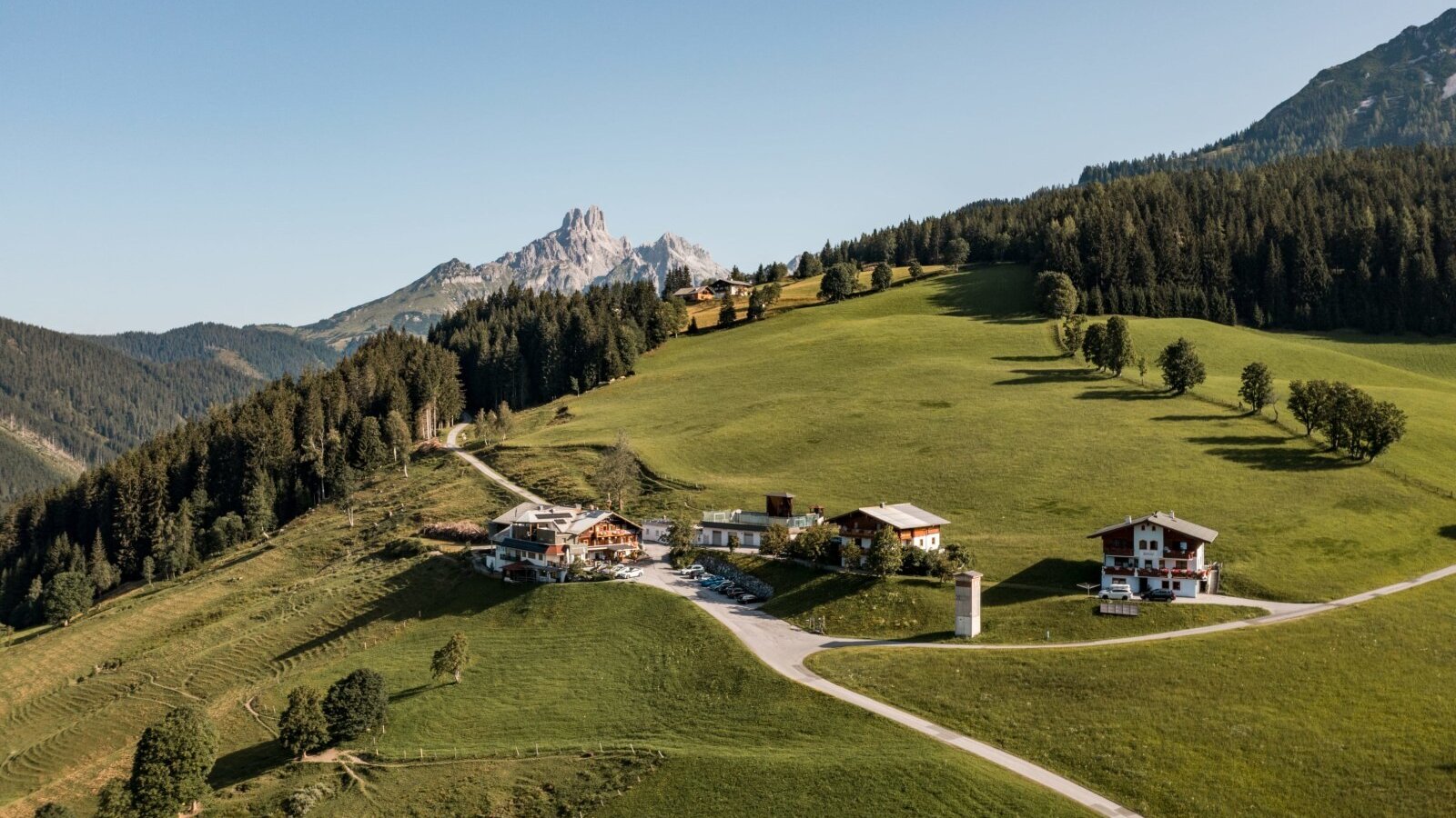Der Bauernhof ist in die grüne Naturlandschaft von Filzmoos eingebettet und bietet einen weiten Bergblick.