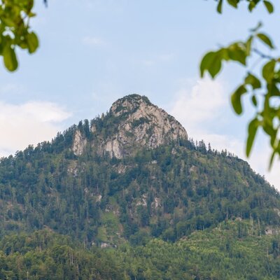 Blick auf die umliegende Berglandschaft mit felsigem Gipfel und bewaldeten Hängen.