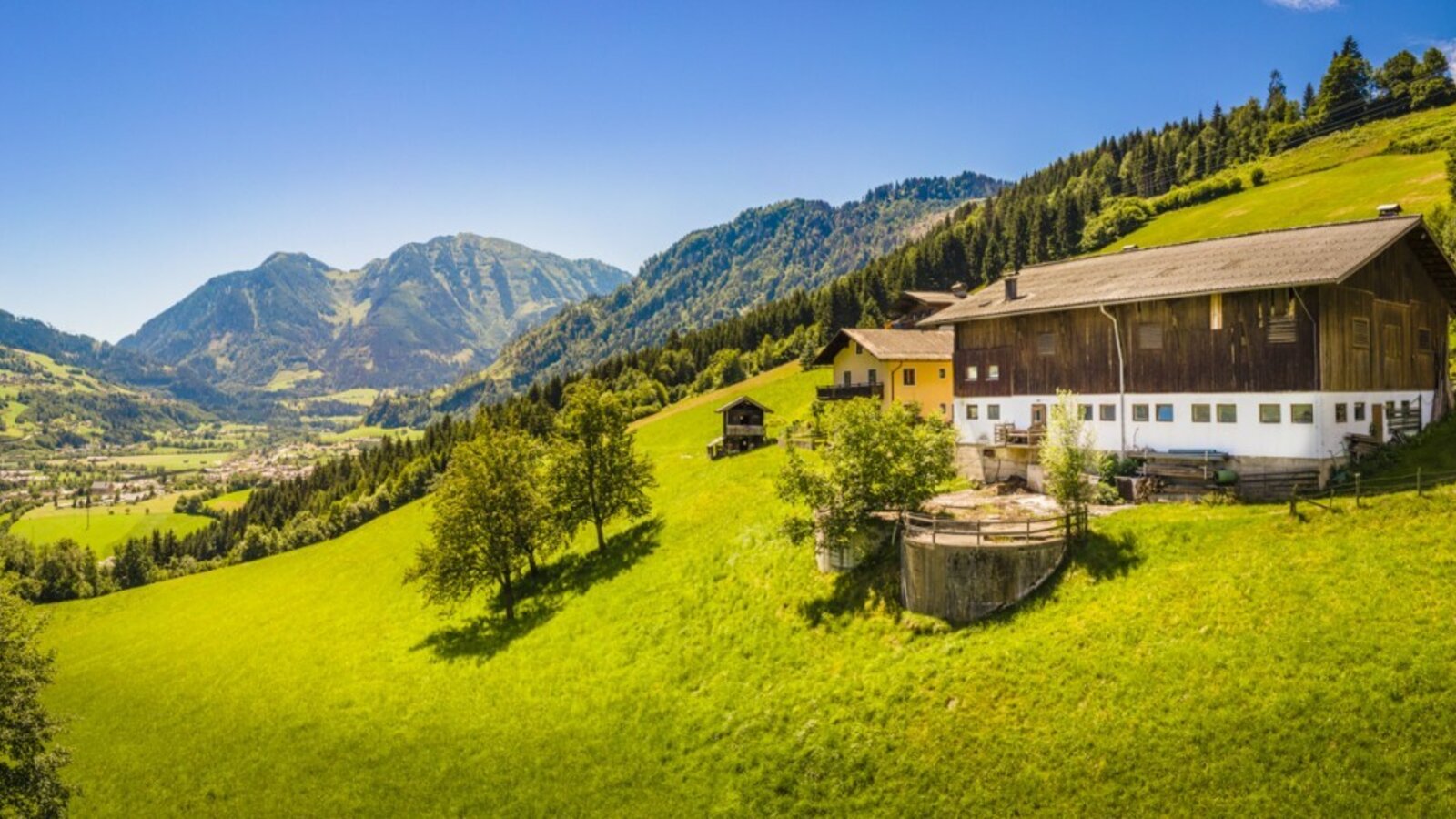 Der Hof liegt an einem grünen Hang mit Blick auf die Berge und das Tal.