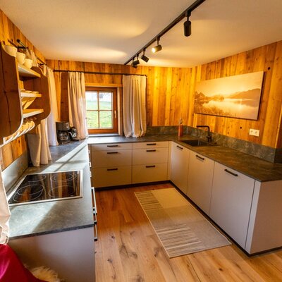 Die Küche des Bed and Breakfast mit U-förmiger Küchenzeile, Kochfeld, Spüle, Kaffeemaschine und Holzwänden.