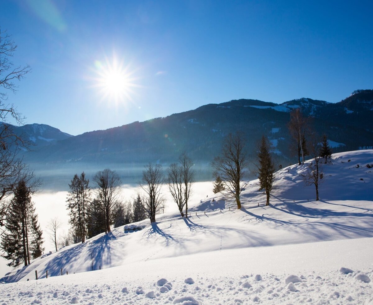 Winterliche Berglandschaft mit verschneiten Hängen, strahlender Sonne und Nebel im Tal.