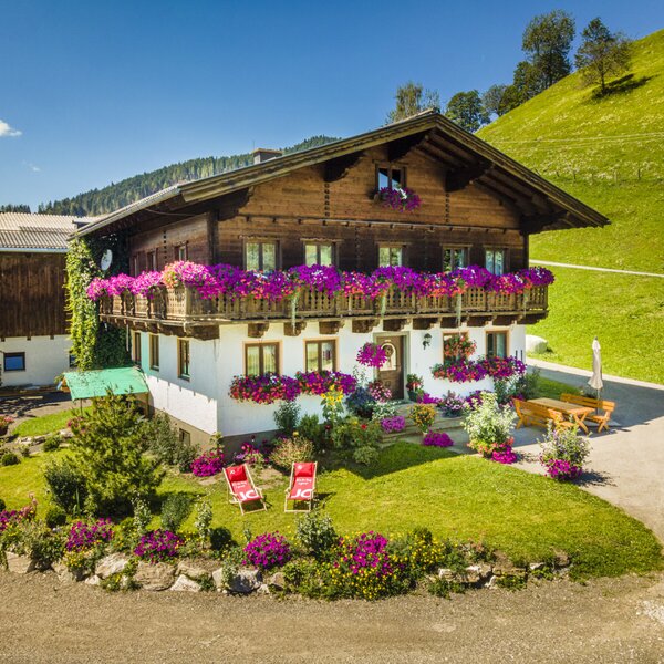 Der Bauernhof mit traditioneller Holzfassade, blühenden Balkonen, einem Vorgarten mit Liegestühlen und einem Sitzbereich im Freien.