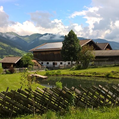 Der Bauernhof mit Teich, traditionellen Holzgebäuden und Blick auf die umliegende Berglandschaft.