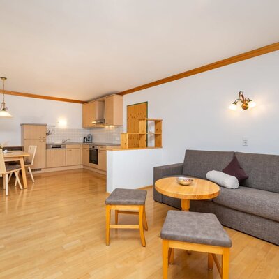Der offene Wohnbereich des Appartements mit voll ausgestatteter Küche, Essbereich und Sofa.
