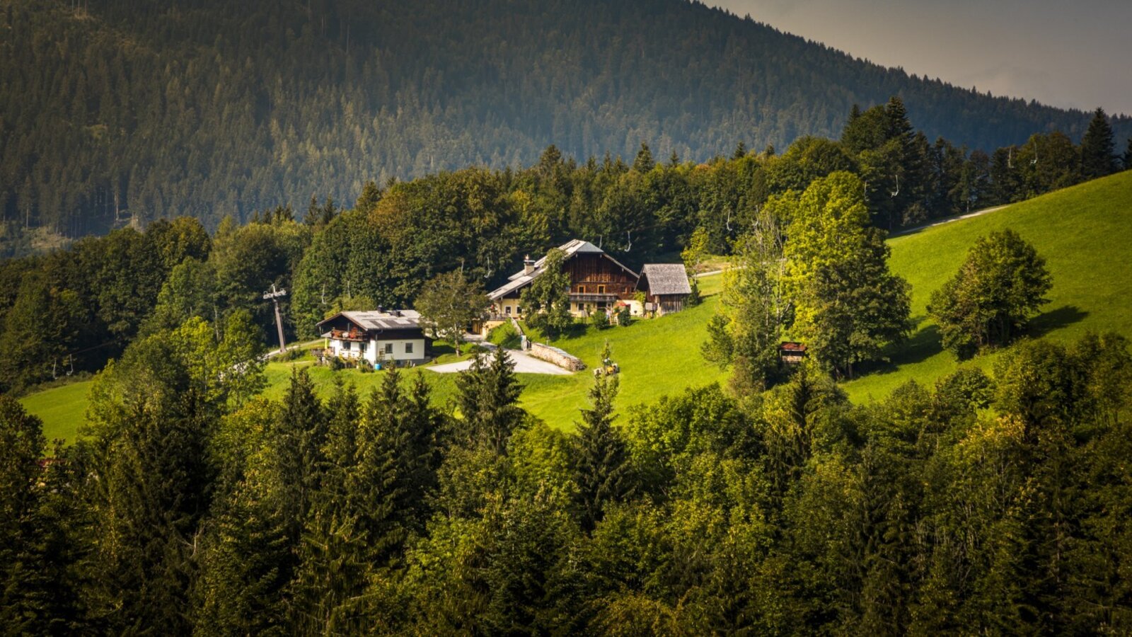 Der Bauernhof auf einem grünen Hügel, umgeben von Wäldern und Bergen.