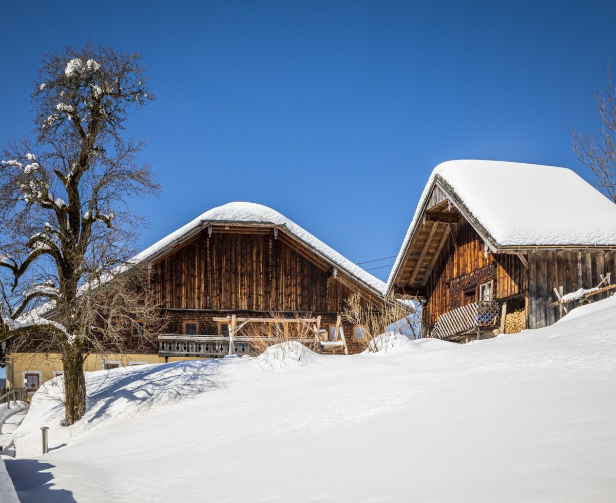 Die verschneiten Holzgebäude des Bauernhofs mit gestapeltem Brennholz unter strahlend blauem Himmel.