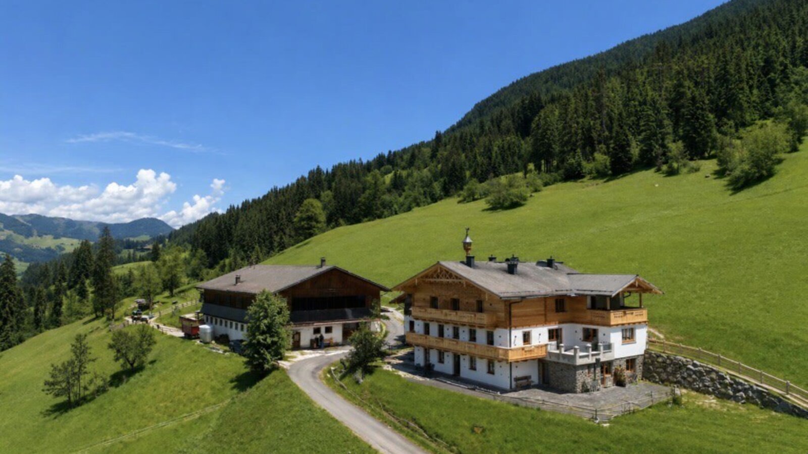 Außenansicht des Bauernhofs mit seinen Appartements, umgeben von grünen Wiesen und bewaldeten Bergen.