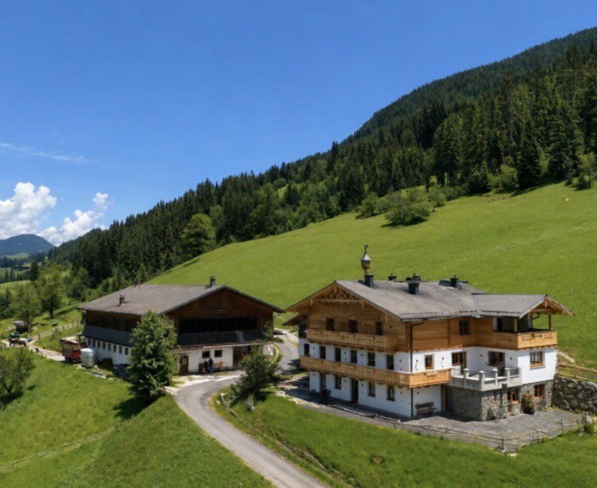 Außenansicht des Bauernhofs mit seinen Appartements, umgeben von grünen Wiesen und bewaldeten Bergen.
