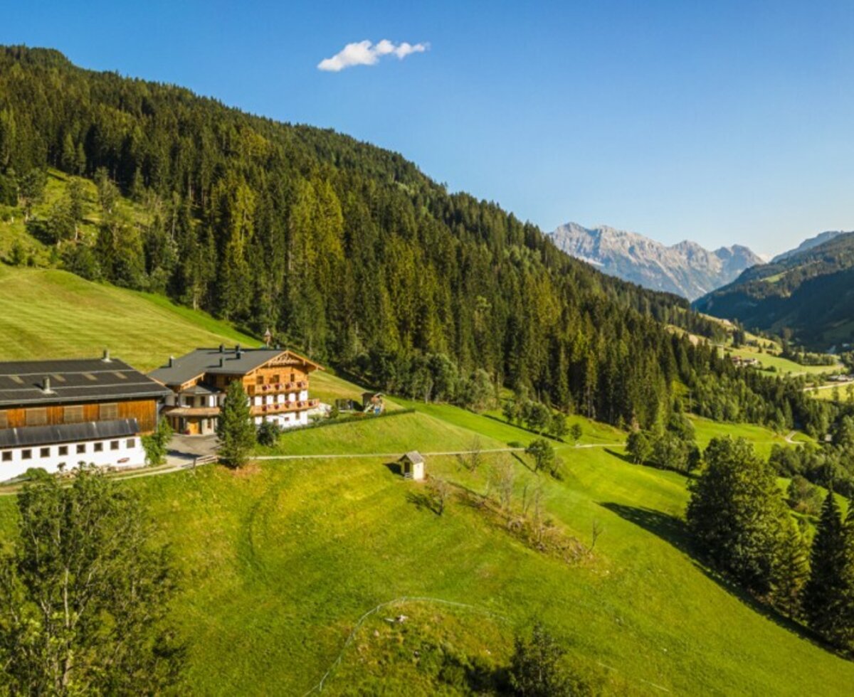 Der einladende Bauernhof liegt inmitten saftig grüner Wiesen und Wälder mit einem wunderschönen Blick auf die umliegenden Berge.