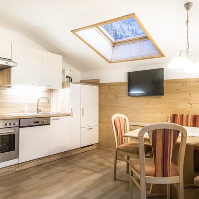 Küche mit Mikrowelle, Backofen, Geschirrspüler, Kühlschrank und einem Essbereich mit Flachbildfernseher und Dachfenster.