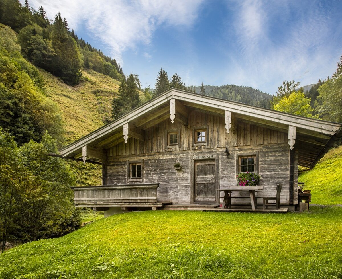 Die urige Almhütte im traditionellen Holzstil, umgeben von einer grünen Bergwiese.