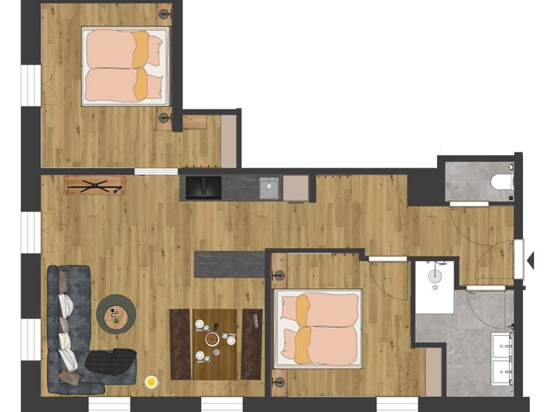 Ein übersichtlicher Grundriss des einladenden Apartments auf dem Bauernhof, der die durchdachte und großzügige Raumaufteilung zeigt.