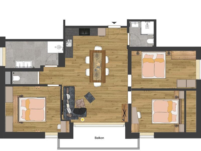 Ein übersichtlicher Grundriss der großzügigen Ferienwohnung auf dem Bauernhof mit drei separaten Schlafzimmern, Wohn-Essbereich und Balkon.