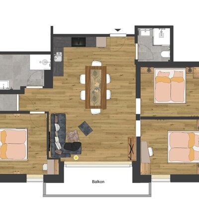 Ein übersichtlicher Grundriss der großzügigen Ferienwohnung auf dem Bauernhof mit drei separaten Schlafzimmern, Wohn-Essbereich und Balkon.