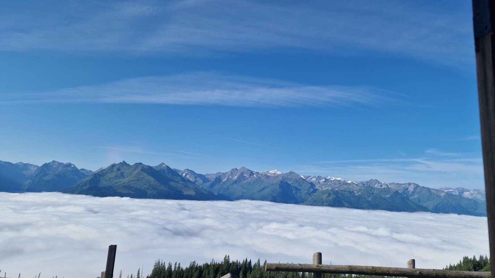 Blick vom der Alm auf die Berge über einem Wolkenmeer mit grünen Wiesen im Vordergrund.