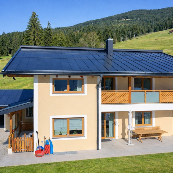 Außenansicht des Harlandhof mit Balkon, Terrasse und angrenzendem Carport vor einer bewaldeten Berglandschaft.