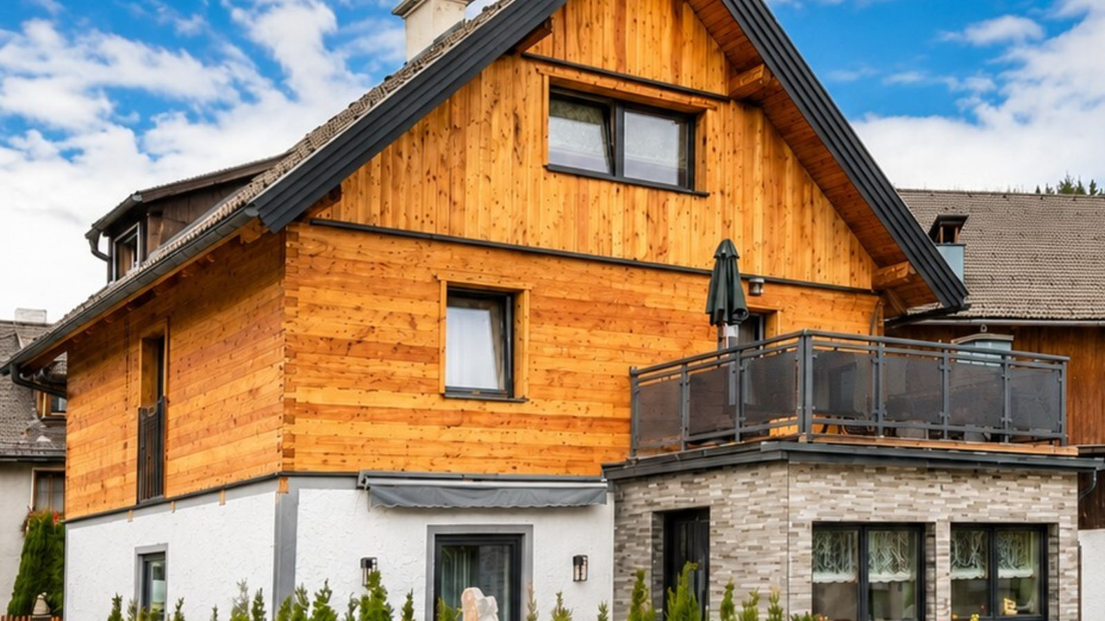 Die charmante Außenansicht des Bauernhofs mit rustikaler Holzfassade, Balkon und gepflegten Hecken.