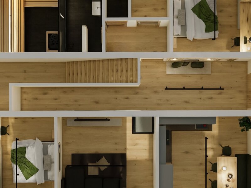 Grundriss des Bed and Breakfast mit Schlafzimmern, Bädern, Wohnbereich und Küche.