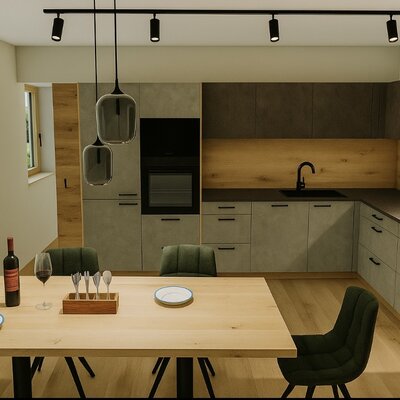 Die moderne Küche des Bed and Breakfast ist mit Backofen, Spüle und Kochfeld ausgestattet und verfügt über einen Essbereich mit Holztisch und Stühlen.