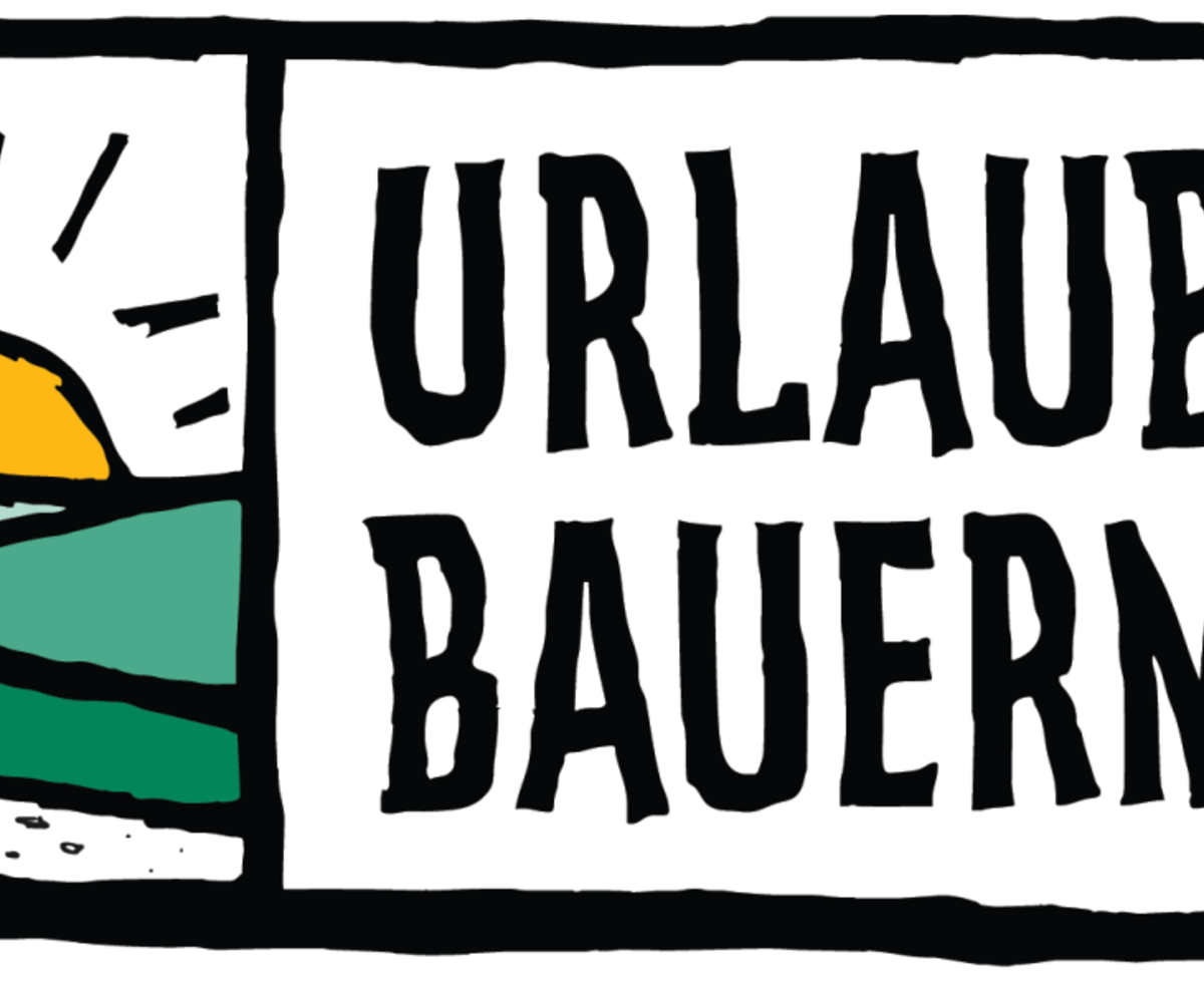 Logo des Bed and Breakfast mit einem stilisierten Bauernhaus, einem Weg und der Aufschrift 'Urlaub am Bauernhof'.