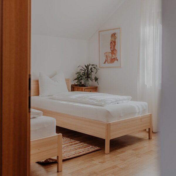 Das Schlafzimmer im Bauernhof bietet zwei Einzelbetten mit Holzrahmen, einen Nachttisch mit Pflanze und Holzboden.