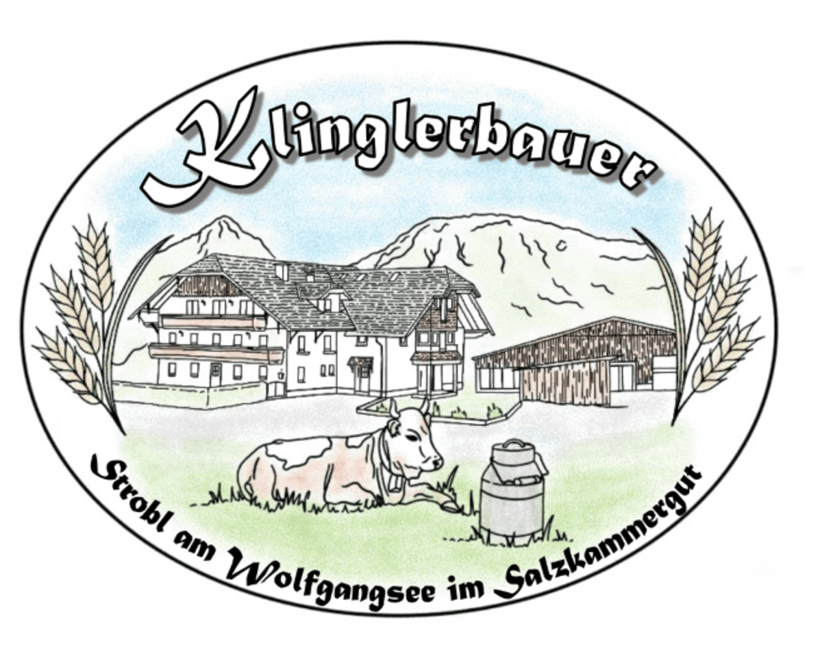 Das Logo des Bauernhofs Klinglerbauer zeigt die Hofgebäude, eine Kuh und die Region Strobl am Wolfgangsee im Salzkammergut.