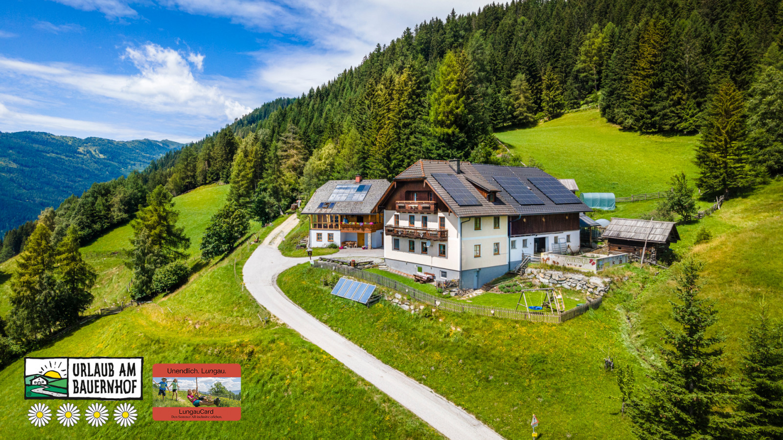 Krametergut im Sommer mit UaB Logo und Lungaucard