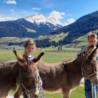 Kinder mit den Eseln des Bauernhofs vor einer Berg- und Tallandschaft.