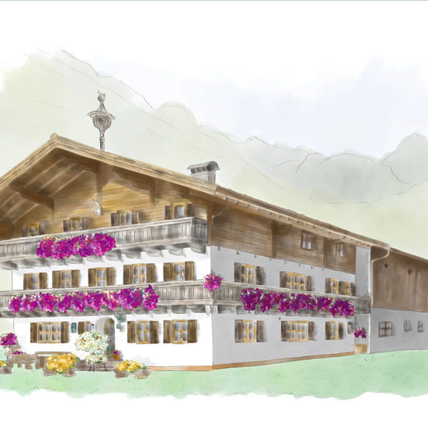 Das traditionelle Bauernhaus des Müllergut Bed and Breakfast mit blumengeschmückten Balkonen vor einer Bergkulisse.