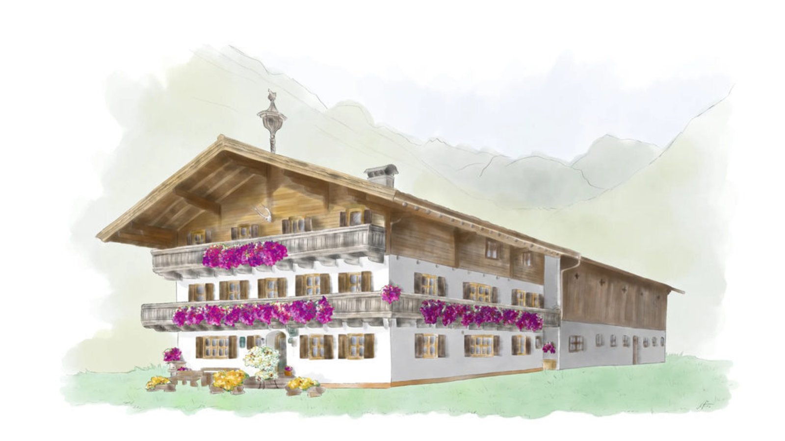 Das traditionelle Bauernhaus des Müllergut Bed and Breakfast mit blumengeschmückten Balkonen vor einer Bergkulisse.