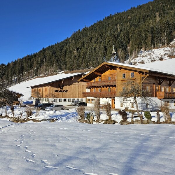 Der Bauernhof in verschneiter Winterlandschaft mit bewaldetem Berg im Hintergrund.
