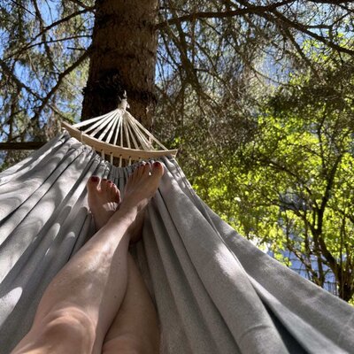 Eine einladende Hängematte unter schattigen Bäumen im Garten des Bed and Breakfasts.