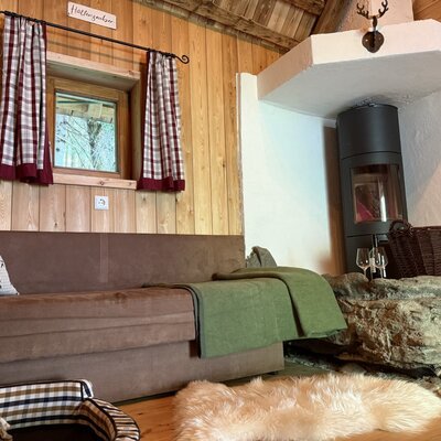 Gemütlicher Wohnbereich des Bed and Breakfasts mit einem einladenden Sofa, rustikalen Holzwänden und einem wärmenden Kaminofen.