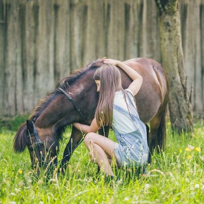 Mädchen streichelt ein grasendes Pferd auf der Wiese.