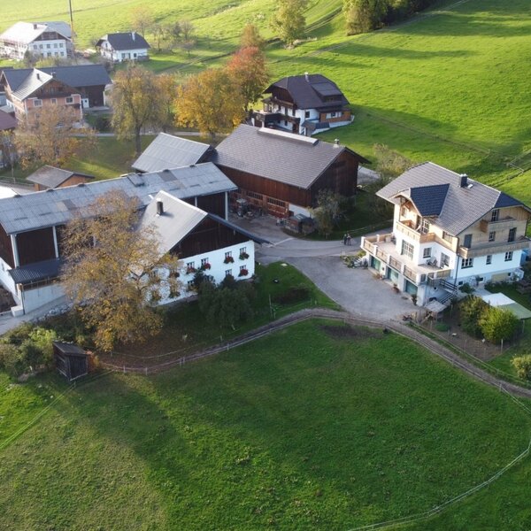 Die Ferienwohnung in ländlicher Umgebung, umgeben von grünen Hügeln, mit einem Garten und Spielgeräten für Kinder.