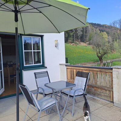 Terrasse der Ferienwohnung mit Esstisch, Stühlen, Sonnenschirm und Blick auf die umliegende Landschaft mit Weideflächen.